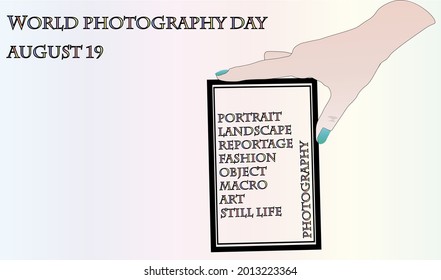 Holiday illustration World Photography Day August 19. Vector template for banner, typography poster, greeting card, flyer, sticker. Save emotions, memories, life in the photo. EPS 10.