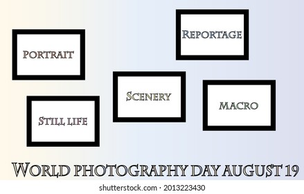 Holiday illustration World Photography Day August 19. Vector template for banner, typography poster, greeting card, flyer, sticker. Save emotions, memories, life in the photo. EPS 10.