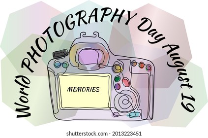 Holiday illustration World Photography Day August 19. Vector template for banner, typography poster, greeting card, flyer, sticker. Save emotions, memories, life in the photo. EPS 10.
