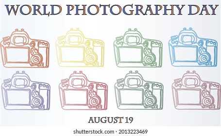 Holiday illustration World Photography Day August 19. Vector template for banner, typography poster, greeting card, flyer, sticker. Save emotions, memories, life in the photo. EPS 10.