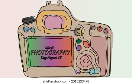 Holiday illustration World Photography Day August 19. Vector template for banner, typography poster, greeting card, flyer, sticker. Save emotions, memories, life in the photo. EPS 10.
