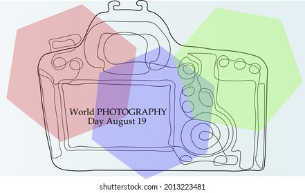 Holiday illustration World Photography Day August 19. Vector template for banner, typography poster, greeting card, flyer, sticker. Save emotions, memories, life in the photo. EPS 10.