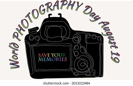 Holiday illustration World Photography Day August 19. Vector template for banner, typography poster, greeting card, flyer, sticker. Save emotions, memories, life in the photo. EPS 10.