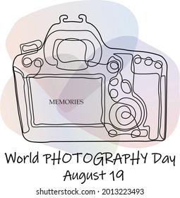 Holiday illustration World Photography Day August 19. Vector template for banner, typography poster, greeting card, flyer, sticker. Save emotions, memories, life in the photo. EPS 10.