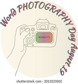 Holiday illustration World Photography Day August 19. Vector template for banner, typography poster, greeting card, flyer, sticker. Save emotions, memories, life in the photo. EPS 10.