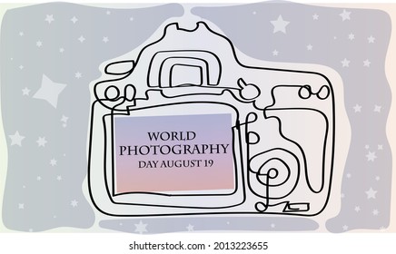 Holiday illustration World Photography Day August 19. Vector template for banner, typography poster, greeting card, flyer, sticker. Save emotions, memories, life in the photo. EPS 10.