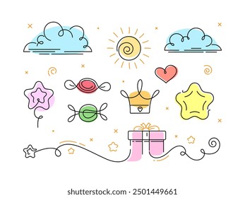 Holiday illustrations set. Vector illustration. Sketch style drawing. Cartoon style.