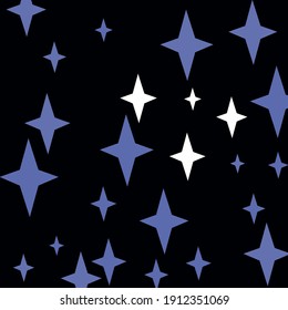 Holiday Indigo Mystery Sky Magic Background. Stars Chaotic Snow New Year Four-pointed Pattern. Winter Black White Print Night Retro Composition. Santa Christmas Blue Color Dark Design Pic.
