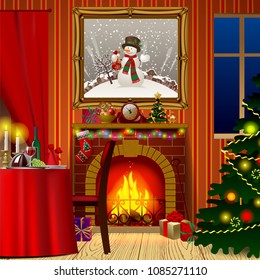 Holiday interior with fireplace, gifts and decorated christmas tree. Xmas and New Year greeting card. Vector illustration