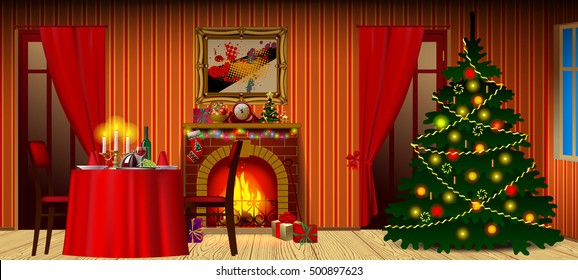 Holiday Interior With Fireplace, Gifts And Decorated Christmas Tree. Xmas And New Year Mug Design. Vector Illustration