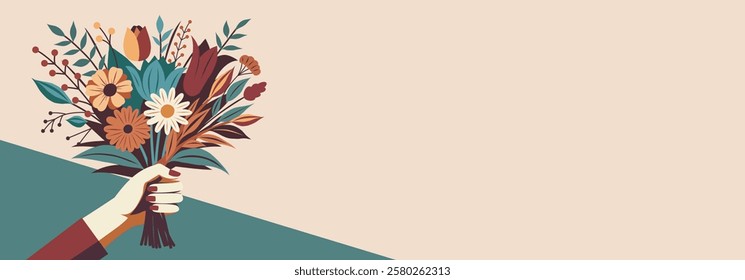 Holiday International Women's Day. Women's Month, Mother's Day. Spring bouquet of wild flowers in a woman's hand. Vector flat illustration in dark top restrained colors with space for text