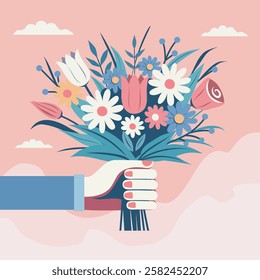 Holiday International Women's Day. Women's month, Mother's Day. Spring bouquet of wild flowers in a woman's hand. Vector flat postcard, poster, illustration for design on a delicate pink background