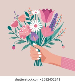 Holiday International Women's Day. Women's month, Mother's Day. Spring bouquet of wild flowers in a woman's hand. Vector flat postcard, poster, illustration for design in gentle pink colors