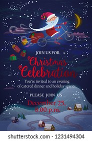 Holiday invitation or banner - Santa Claus flying by magic bicycle over the city at night