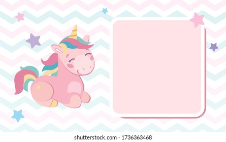  Holiday invitation, congratulation  with a delicate pink unicorn for the baby. Stylish postcard, Stars and zigzags around the horses are multi-colored purple, pink, blue. Vector illustration for kids