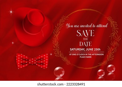 Holiday invitation in red colors. Red cowboy hat with bow tie and tex