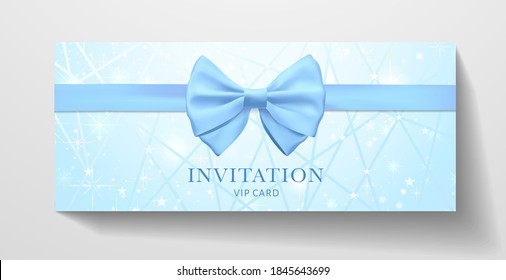 Holiday Invitation template with blue bow tie (ribbon), lines, stars on background. Premium vip class design for Gift certificate, Gift Voucher, Gift card
