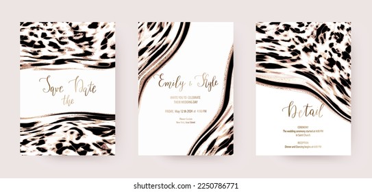 Holiday invitation templates with leopard animal texture and gold stains.