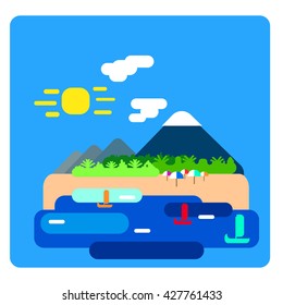 Holiday island flat vector landscape, holiday paradise island landscape, summer holiday on beach illustration, mountain and sea landscape, sailing boats near holiday island, beach with umbrella image