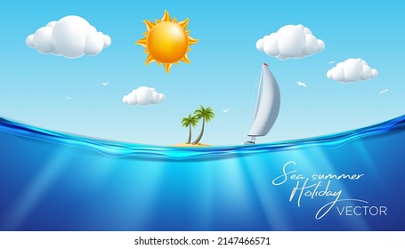 Holiday island, summer, palm, beach, sea, wave, yacht, sailboat, sun, cloud, cartoon vector - Shutterstock ID 2147466571