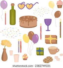 Holiday Item Set. Drawn birthday elements. Children's party