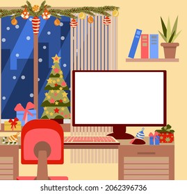 Holiday items on the cozy desktop. Blank screen on the monitor for your text. Editable template for Christmas banners, posters. Home office desk workspace   is decorated in a new year style. 