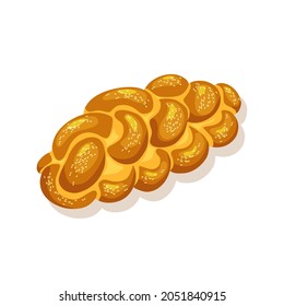 Holiday Jewish braided loaf of challah on a white isolated background. Saturday bread. Vector illustration.