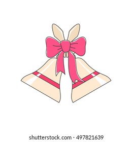 Holiday Jingle Bells Decorated with a Pink Bow Isolated on White Background, Christmas Decoration, Vector Illustration 
