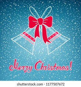 Holiday Jingle Bells with Ornament Decorated with a Pink Bow , Snow Falls from the Sky on Blue Background, Merry Christmas , Vector Illustration