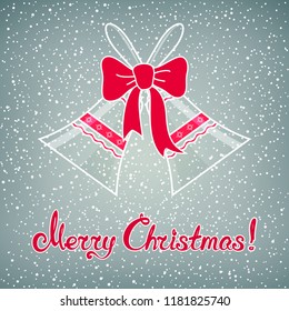 Holiday Jingle Bells with Ornament Decorated with a Pink Bow , Snow Falls from the Sky on Gray Background, Merry Christmas , Vector Illustration