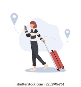 holiday journey concept. Tourists with luggage holding mobile smart phone with mobile gps searching point. Location icon.