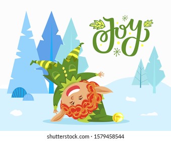 Holiday joy caption, greeting postcard. Elf jumping and having fun in forest near snowy fir tree. Little boy greet with xmas. Fairy character in green costume and hat. Vector illustration in flat