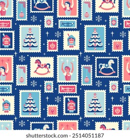 Holiday joy themed seamless pattern. Vintage merry and bright print. Cheerful mail stamps frame various festive Christmas elements. Retro winter fairy tale. Charming postal background.