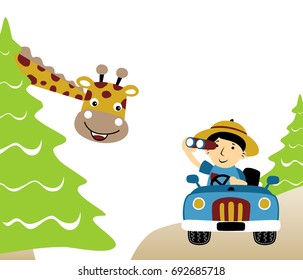Holiday in the jungle, a boy on car holding binocular with funny giraffe, vector cartoon illustration