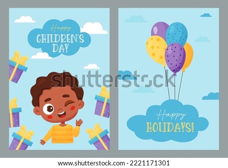 Holiday kids posters Happy Childrens Day. Cute black ethnic boy with gifts and balloons on blue background. Vector illustration in cartoon style. Vertical template for greeting cards, design, print