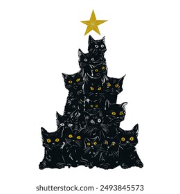 Holiday kitten. Black Cats Christmas Tree. Christmas black cat. Cute cartoon character. isolated Flat vector illustration. Holiday kitten. Pyramid of xmas tree cats.