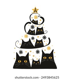 Holiday kitten. Black Cats Christmas Tree. Christmas black cat. Cute cartoon character. isolated Flat vector illustration. Holiday kitten. Pyramid of xmas tree cats.