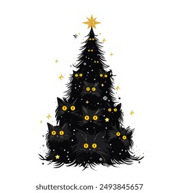 Holiday kitten. Black Cats Christmas Tree. Christmas black cat. Cute cartoon character. isolated Flat vector illustration. Holiday kitten. Pyramid of xmas tree cats.