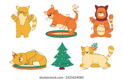 Holiday kittens. Garland. New Year's animals. Merry Christmas. Holly Jolly. December. Badge elements. Trendy style. Cats. Stickers. Set of characters. Holiday collection. Hand drawn. Doodle. Cut out