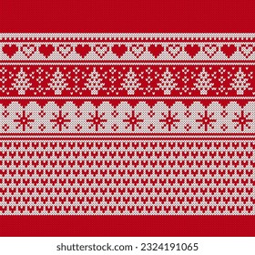 Holiday knit seamless pattern. Christmas red background with tree and snoflakes. Knitted sweater print. Xmas geometric border. Fair isle traditional texture. Festive winter ornament. Vector.