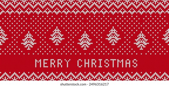 Holiday knit seamless pattern with trees and text. Knitted sweater print. Xmas geometric border. Christmas red background. Fair isle traditional texture. Festive winter ornament. Vector.