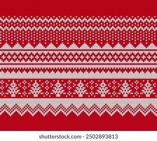 Holiday knit seamless pattern with trees. Christmas red geometric background. Knitted sweater print. Xmas border. Fair isle traditional texture. Festive winter ornament. Vector.