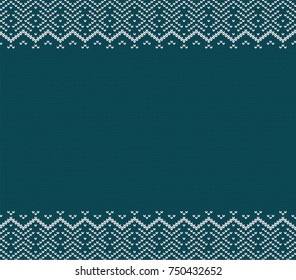 Holiday knitted blue ornament design with empty space for text. Christmas seamless pattern. Knit winter sweater texture. Vector illustration.