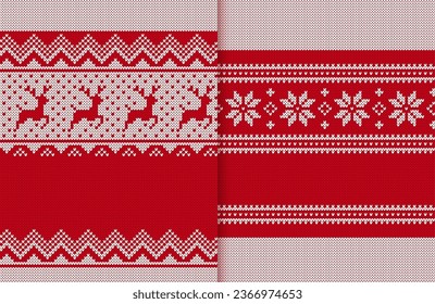 Holiday knitted red texture. Christmas winter print. Fair knit sweater background. Seamless pattern with deers, trees. Xmas traditional ornament. Festive wool pullover vector illustration.