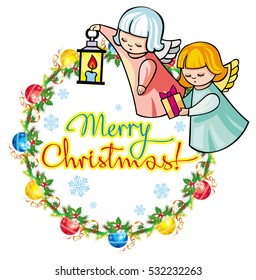 Holiday label with angels and artistic written text "Merry Christmas!". Christmas frame with free space for text, photo or picture. Vector clip art.