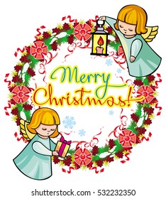 Holiday label with angels and artistic written text "Merry Christmas!". Christmas frame with free space for text, photo or picture. Vector clip art.