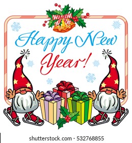 Holiday label with Christmas decorations, funny gnome and greeting text "Happy New Year!". Vector clip art.