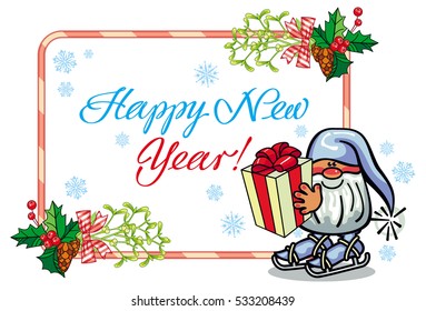 Holiday label with Christmas decorations, funny gnome and greeting text "Happy New Year!". Vector clip art.