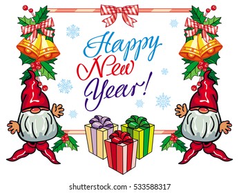 Holiday label with Christmas decorations, funny gnome and greeting text "Happy New Year!". Vector clip art.