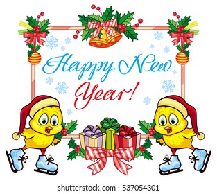Holiday label with cute chicken and greeting text Happy New Year. Copy space. Vector clip art.